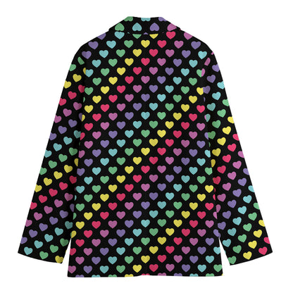 Rainbow Heart Pattern Print Women's Cotton Blazer