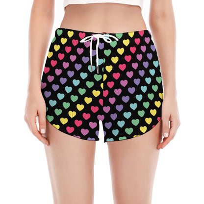 Rainbow Heart Pattern Print Women's Split Running Shorts