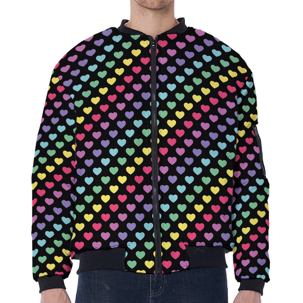 Rainbow Heart Pattern Print Zip Sleeve Bomber Jacket