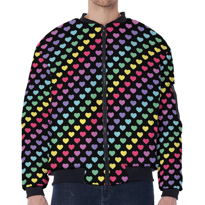 Rainbow Heart Pattern Print Zip Sleeve Bomber Jacket