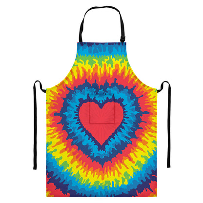 Rainbow Heart Tie Dye Print Bib Apron With Pocket