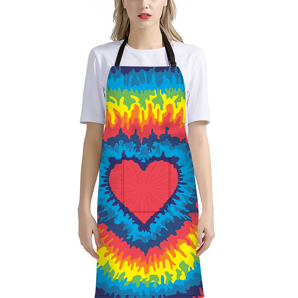 Rainbow Heart Tie Dye Print Bib Apron With Pocket