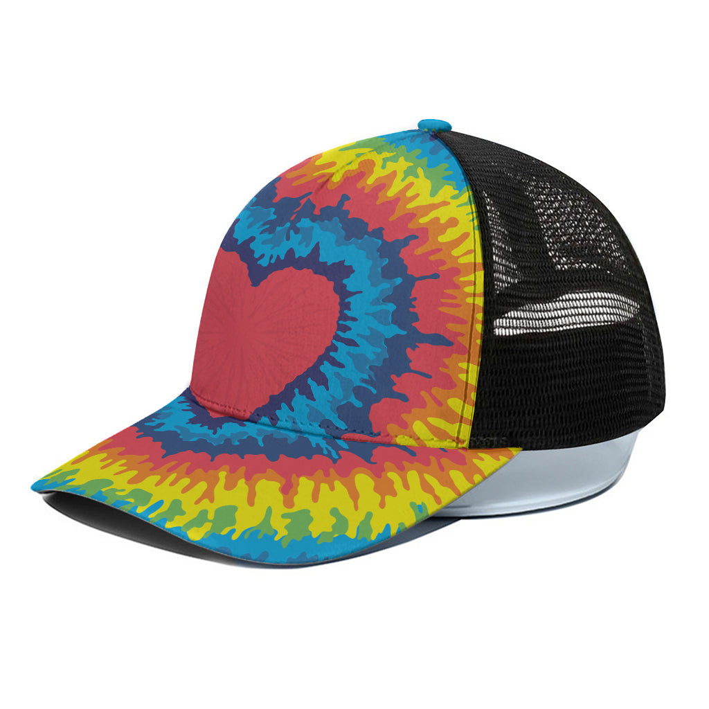 Rainbow Heart Tie Dye Print Black Mesh Trucker Cap