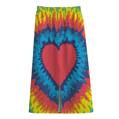 Rainbow Heart Tie Dye Print Cotton Front Slit Maxi Skirt