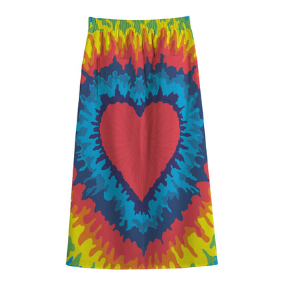 Rainbow Heart Tie Dye Print Cotton Front Slit Maxi Skirt