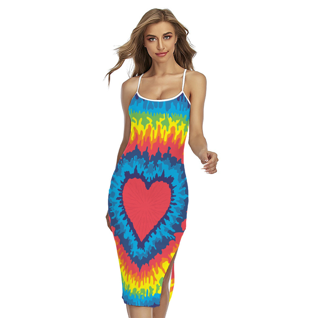 Rainbow Heart Tie Dye Print Cross Back Cami Dress