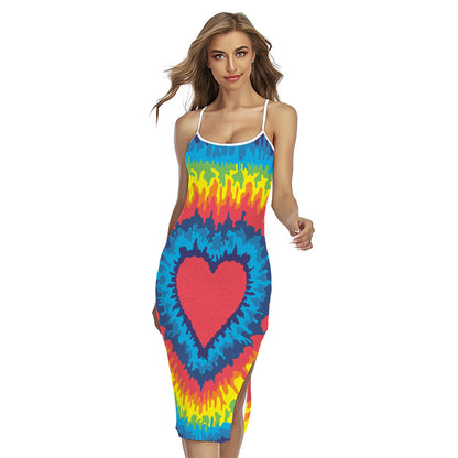 Rainbow Heart Tie Dye Print Cross Back Cami Dress
