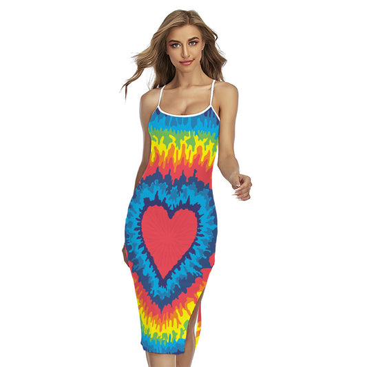 Rainbow Heart Tie Dye Print Cross Back Cami Dress