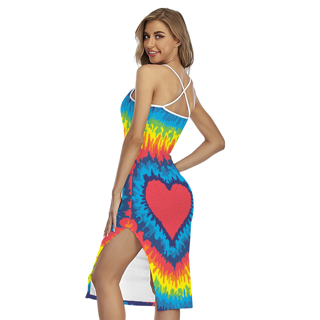 Rainbow Heart Tie Dye Print Cross Back Cami Dress