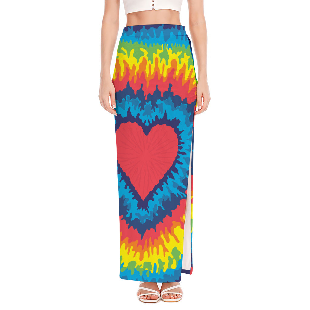 Rainbow Heart Tie Dye Print High Slit Maxi Skirt