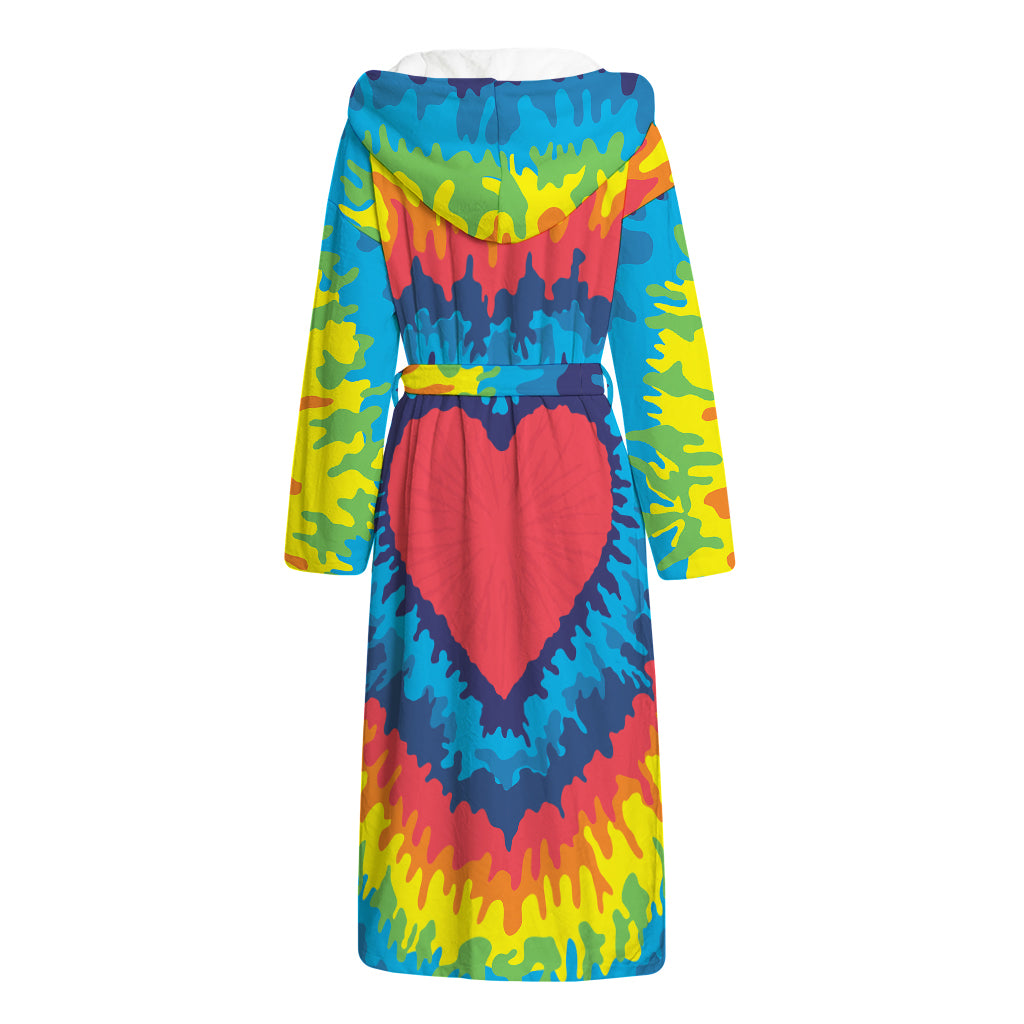 Rainbow Heart Tie Dye Print Hooded Bathrobe