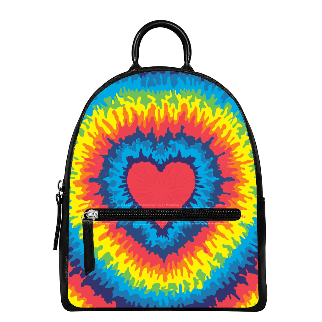 Rainbow Heart Tie Dye Print Leather Backpack