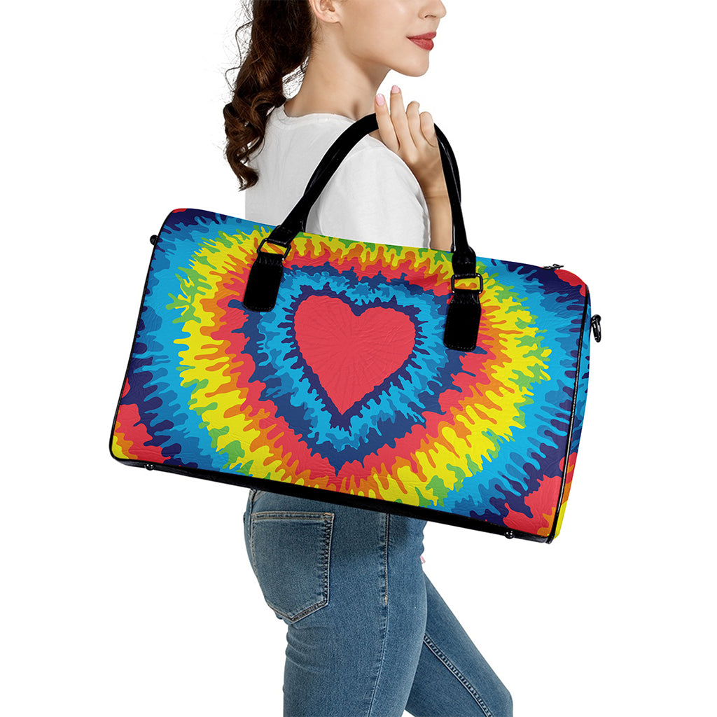 Rainbow Heart Tie Dye Print Leather Duffle Bag