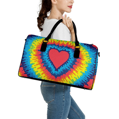 Rainbow Heart Tie Dye Print Leather Duffle Bag