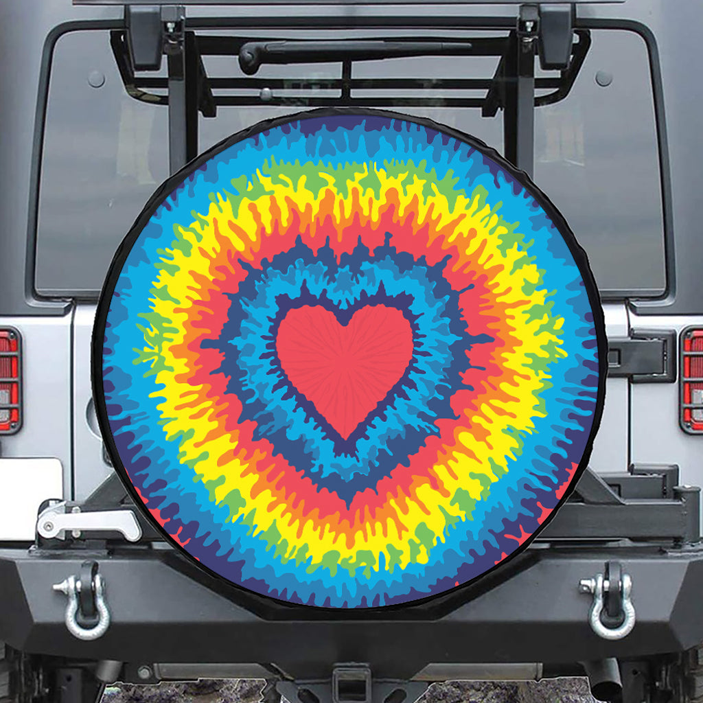 Rainbow Heart Tie Dye Print Leather Spare Tire Cover