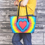 Rainbow Heart Tie Dye Print Leather Tote Bag