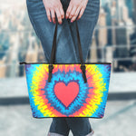 Rainbow Heart Tie Dye Print Leather Tote Bag