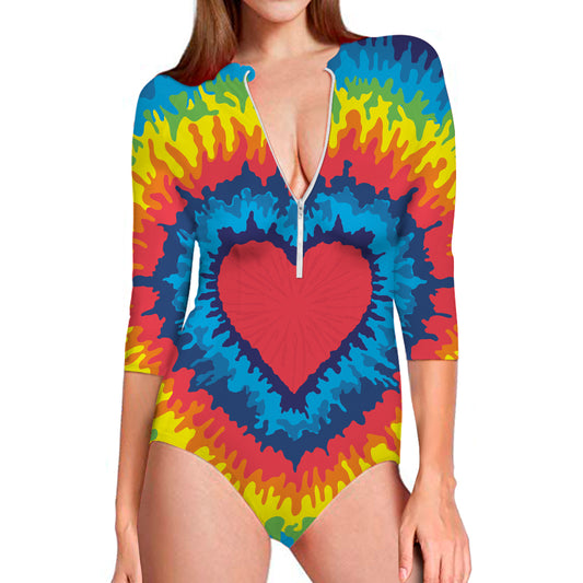 Rainbow Heart Tie Dye Print Long Sleeve Swimsuit