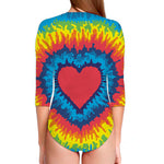 Rainbow Heart Tie Dye Print Long Sleeve Swimsuit