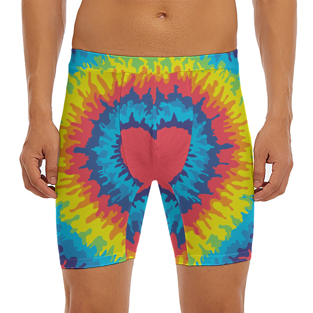 Rainbow Heart Tie Dye Print Men's Long Boxer Briefs