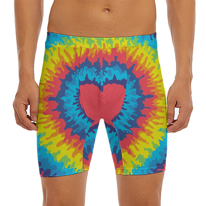 Rainbow Heart Tie Dye Print Men's Long Boxer Briefs