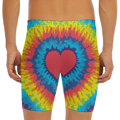 Rainbow Heart Tie Dye Print Men's Long Boxer Briefs