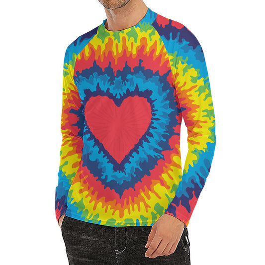 Rainbow Heart Tie Dye Print Men's Long Sleeve Rash Guard