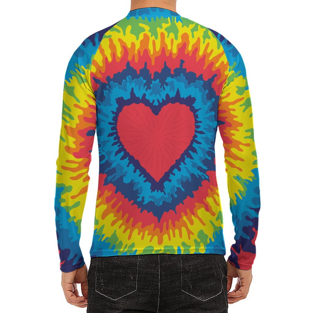 Rainbow Heart Tie Dye Print Men's Long Sleeve Rash Guard