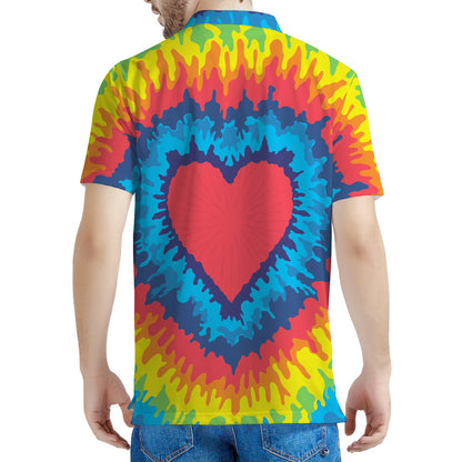Rainbow Heart Tie Dye Print Men's Polo Shirt