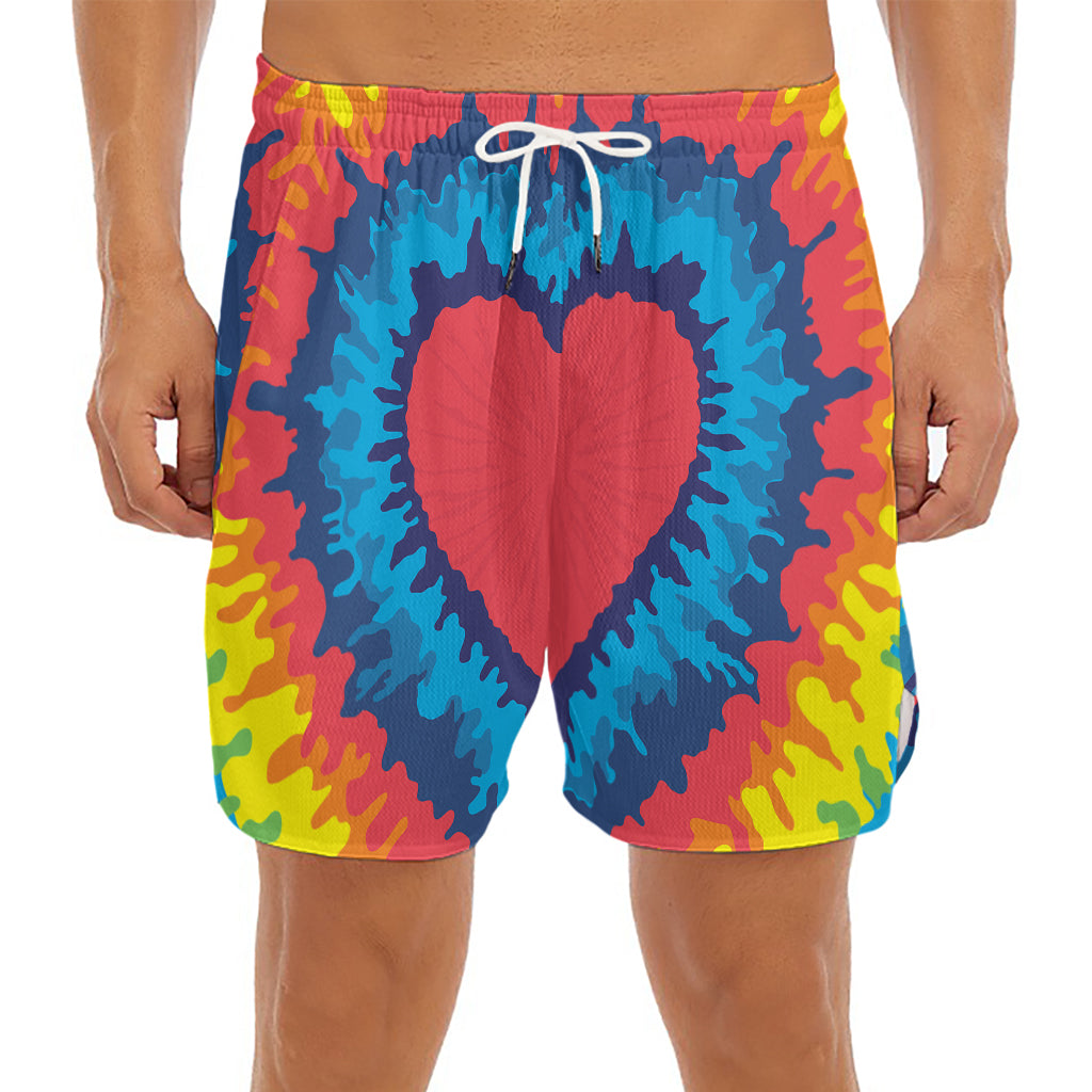 Rainbow Heart Tie Dye Print Men's Split Running Shorts