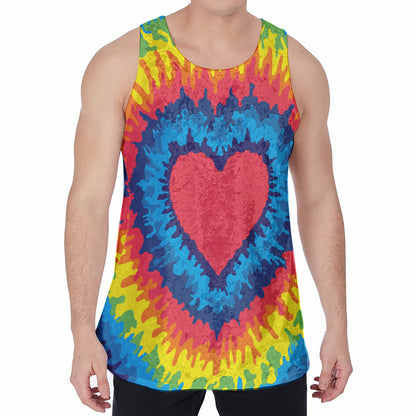 Rainbow Heart Tie Dye Print Men's Velvet Tank Top