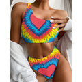Rainbow Heart Tie Dye Print One Shoulder Bikini Set