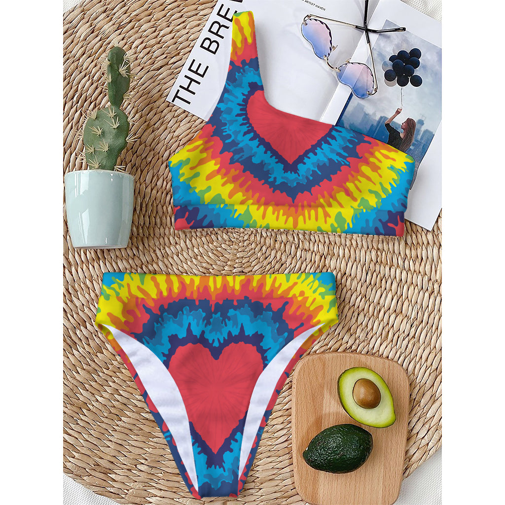 Rainbow Heart Tie Dye Print One Shoulder Bikini Top