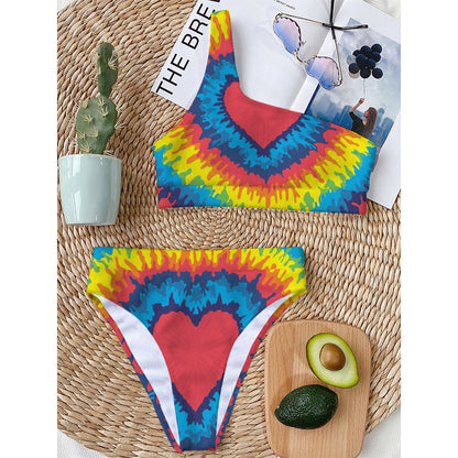 Rainbow Heart Tie Dye Print One Shoulder Bikini Top