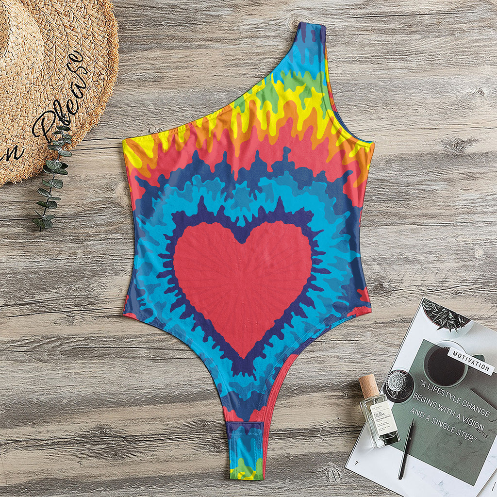 Rainbow Heart Tie Dye Print One Shoulder Bodysuit