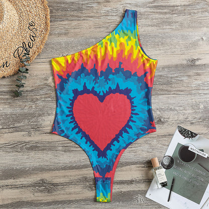Rainbow Heart Tie Dye Print One Shoulder Bodysuit