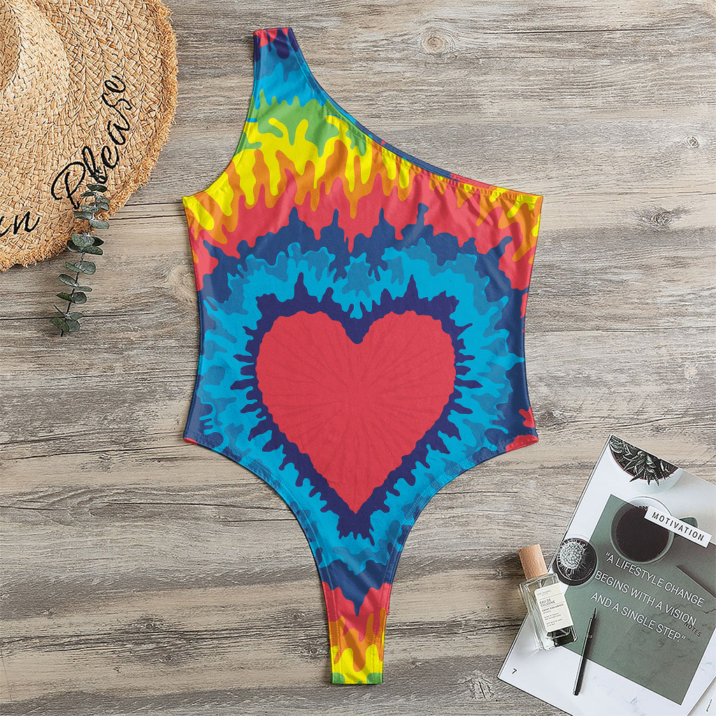 Rainbow Heart Tie Dye Print One Shoulder Bodysuit