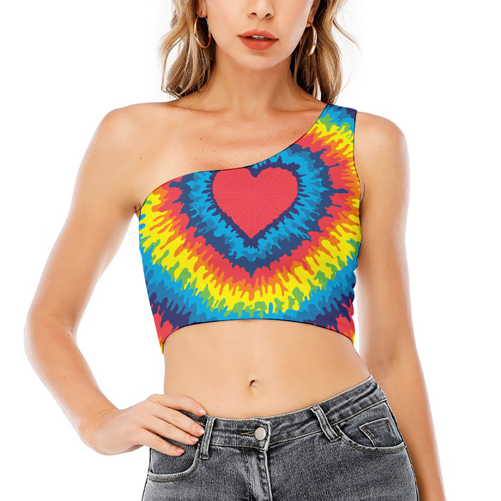 Rainbow Heart Tie Dye Print One Shoulder Crop Top