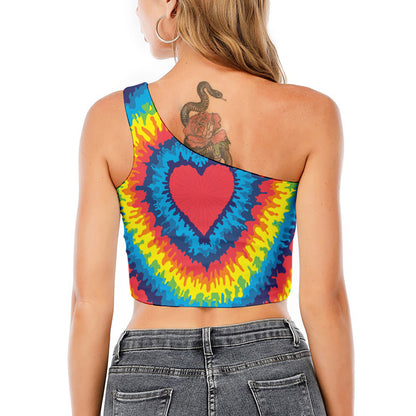 Rainbow Heart Tie Dye Print One Shoulder Crop Top