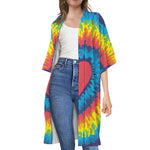 Rainbow Heart Tie Dye Print Open Front Beach Cover Up