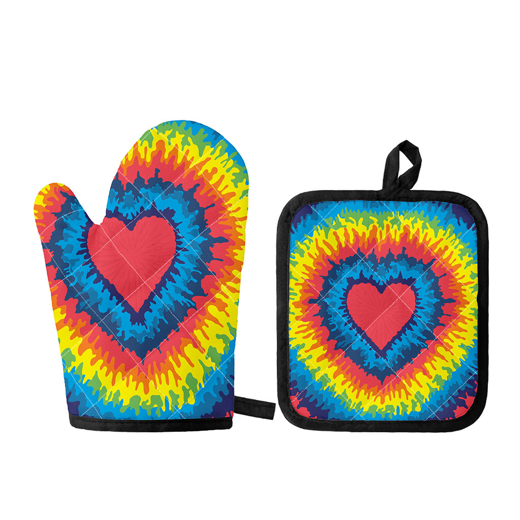 Rainbow Heart Tie Dye Print Oven Mitt And Pot Holder Set