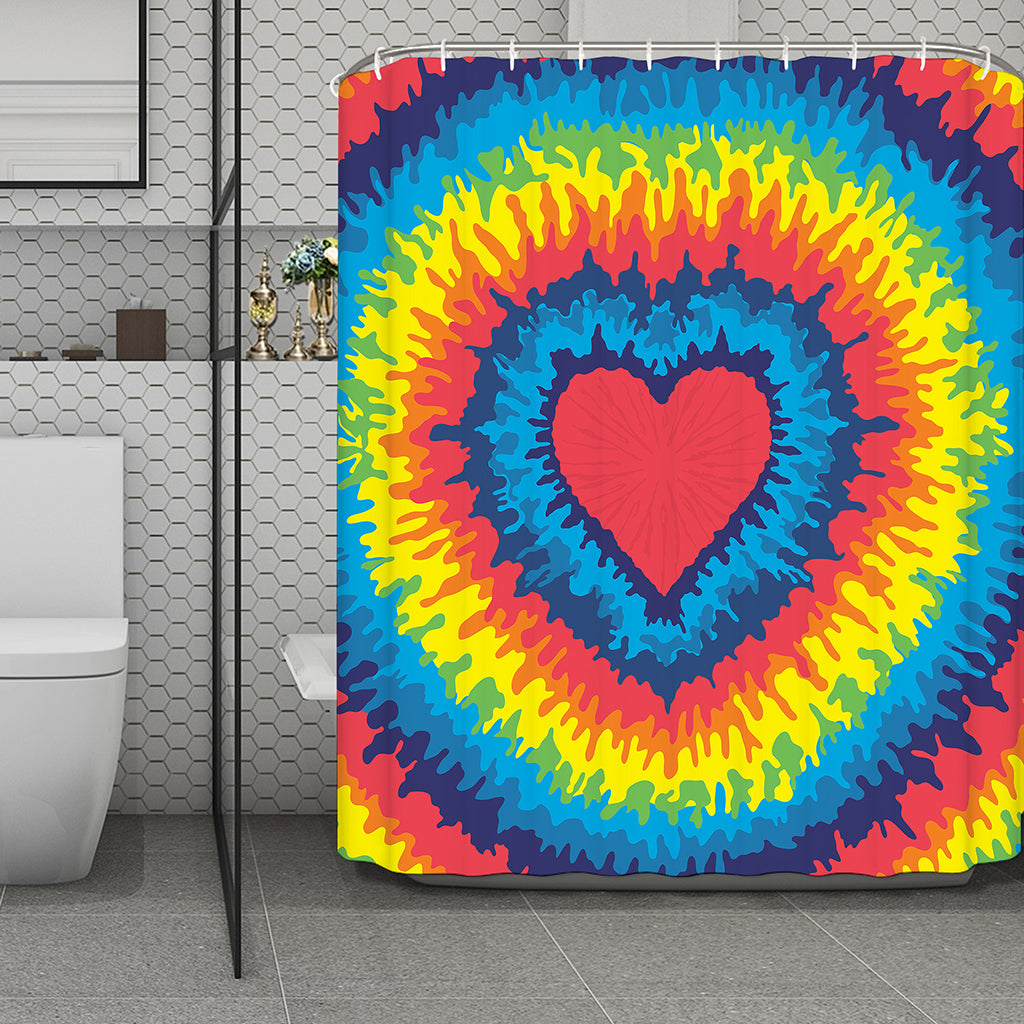Rainbow Heart Tie Dye Print Polyester Shower Curtain
