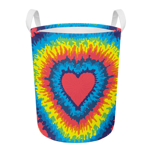 Rainbow Heart Tie Dye Print Round Laundry Basket