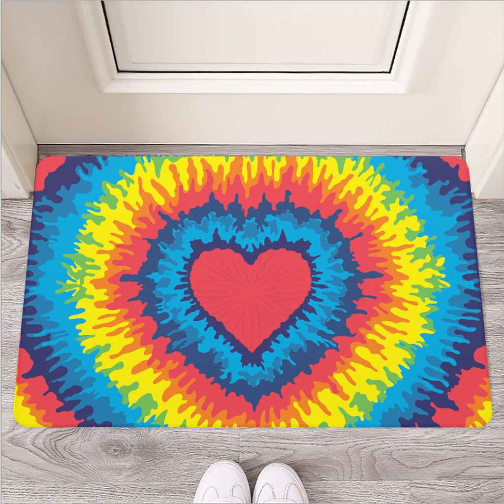 Rainbow Heart Tie Dye Print Rubber Doormat
