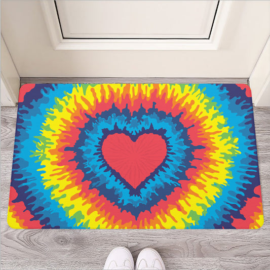 Rainbow Heart Tie Dye Print Rubber Doormat