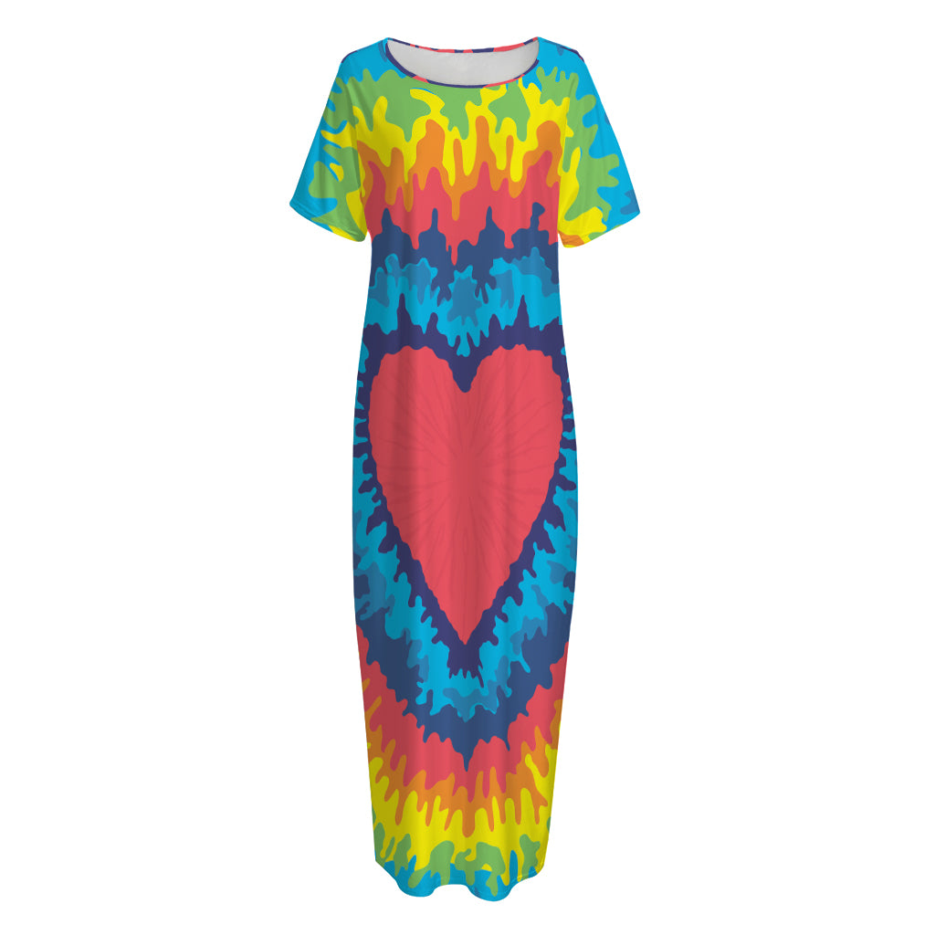Rainbow Heart Tie Dye Print Short Sleeve Long Nightdress