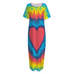 Rainbow Heart Tie Dye Print Short Sleeve Long Nightdress