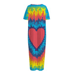 Rainbow Heart Tie Dye Print Short Sleeve Long Nightdress
