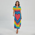 Rainbow Heart Tie Dye Print Short Sleeve Maxi Dress