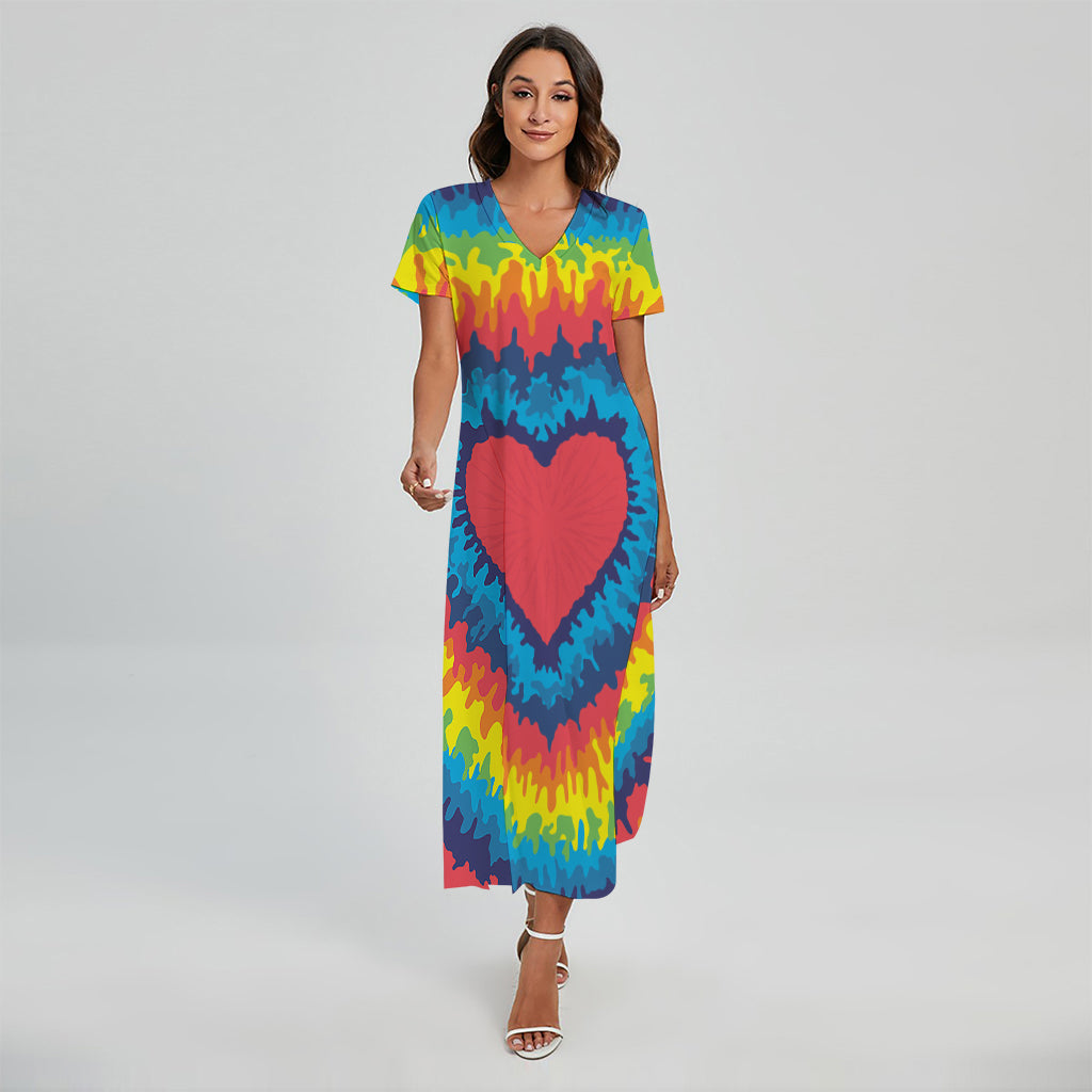 Rainbow Heart Tie Dye Print Short Sleeve Maxi Dress